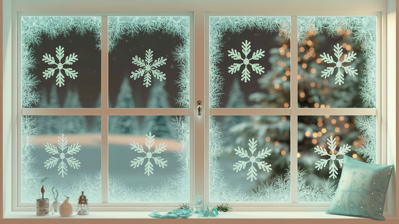 Close-up of decorative snowflake patterns on glass. a window with frosted snowflakes on it